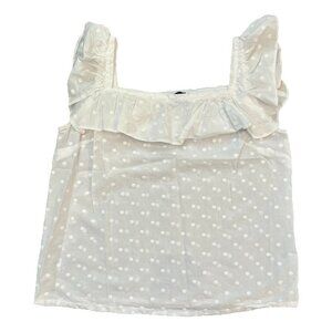 ANN TAYLOR Womens White Dot Embroidered Ruffle Square Neck Top Blouse Size Large